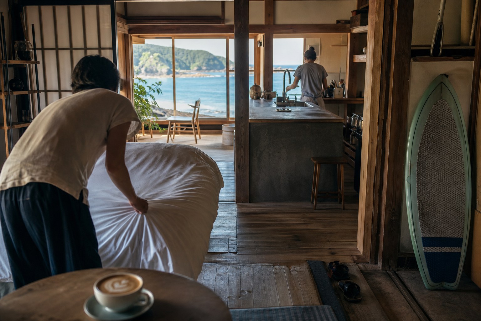 海の見える古民家の宿で、ベッドメイキングやカフェの準備をするスタッフのイメージ図