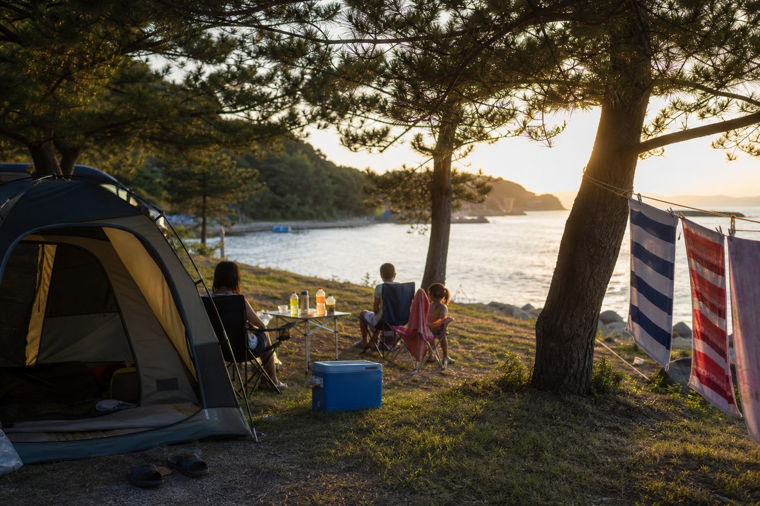 夕暮れの海辺のキャンプ場で、テントの前にいすとテーブルを広げてくつろぐ様子