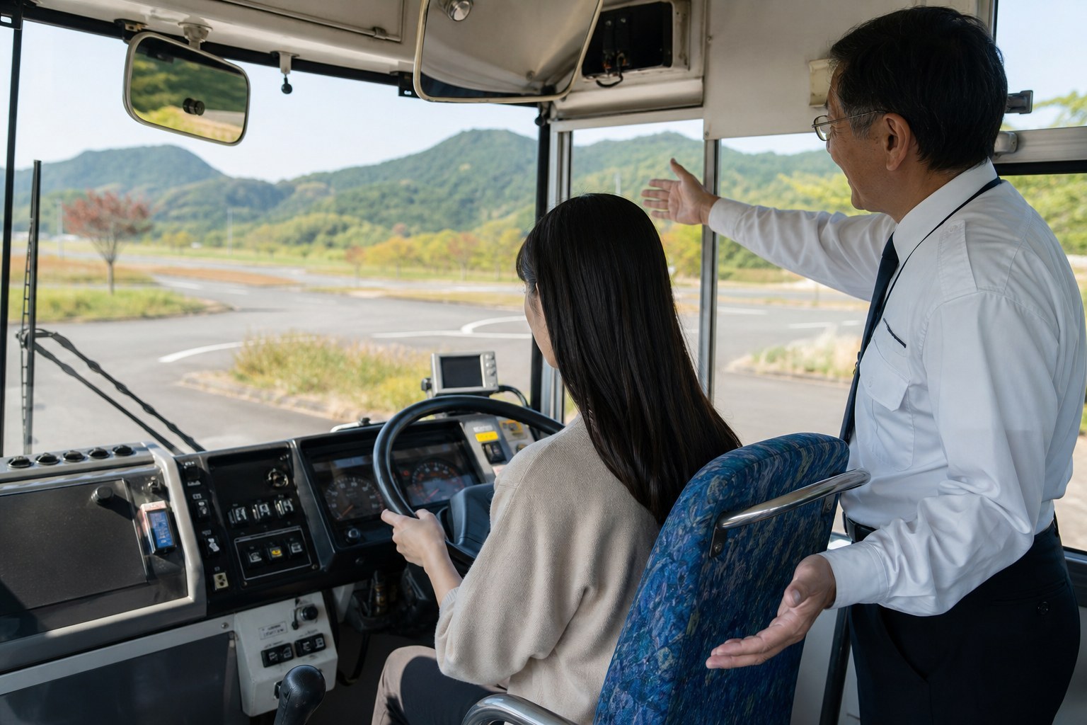 バスの運転席に座った参加者が、横に立つベテラン運転士から説明を受けている様子