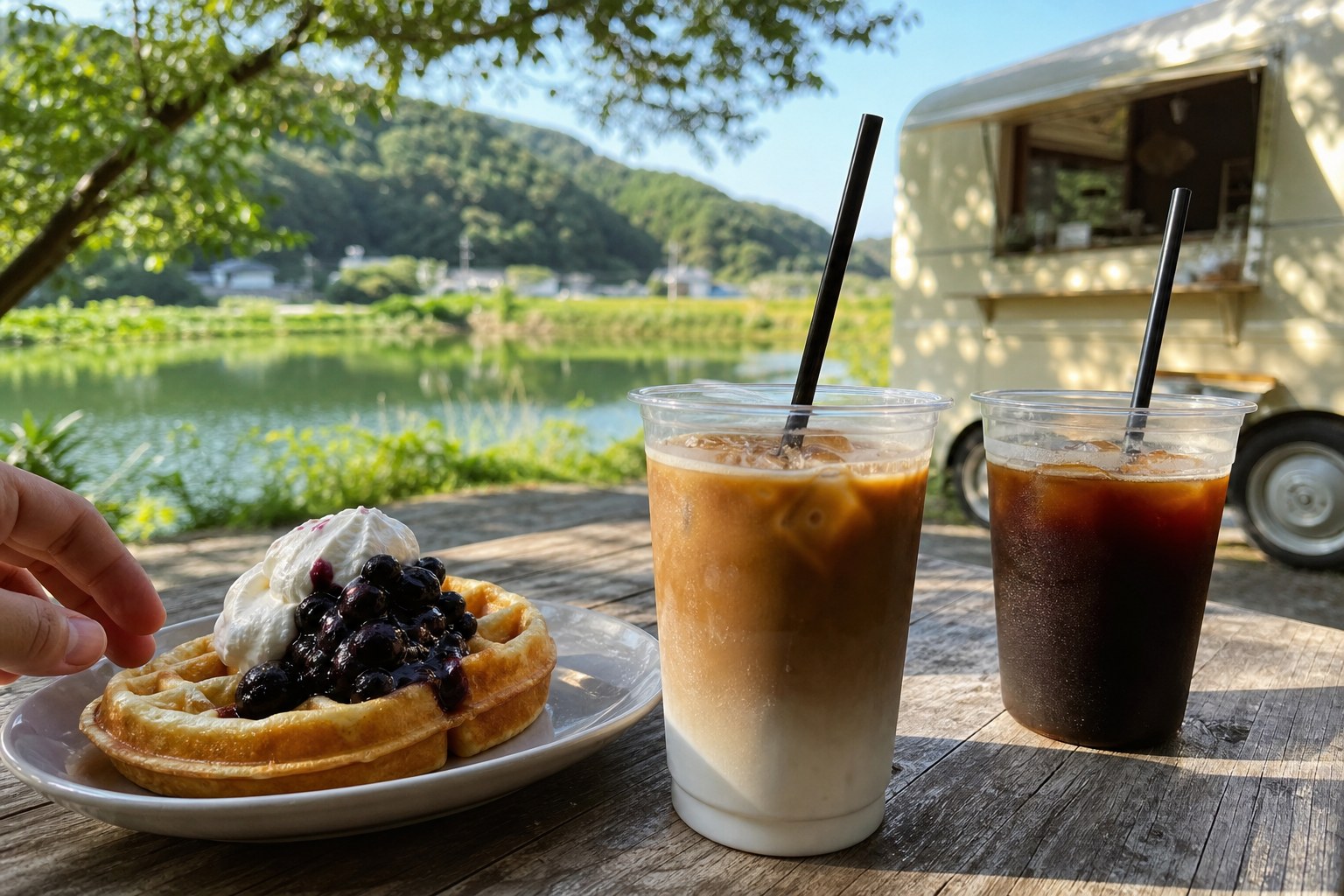 湖畔の屋外テーブルに置かれた、生クリームとベリーをのせたワッフルとアイスカフェラテ