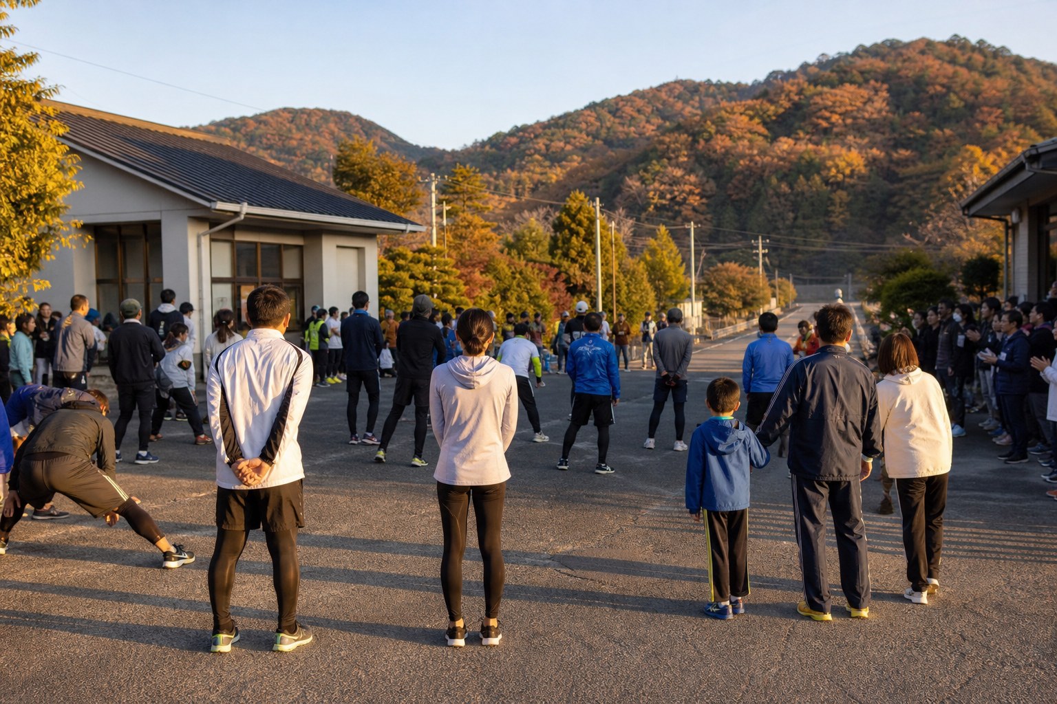 秋の朝、公民館前の広場でスタート前の準備をする走ろう大会の参加者たち