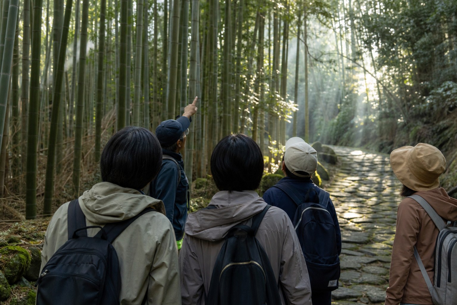 竹林のそばの石畳の道で、案内人が数人の参加者に説明している様子